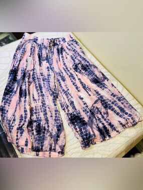 NWOT DKNY Blue Pink Tie Dye Wide Leg Palazzo Culotte Pants Women's Size Small